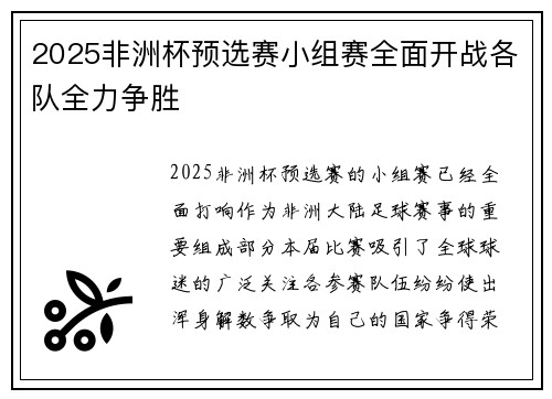 2025非洲杯预选赛小组赛全面开战各队全力争胜